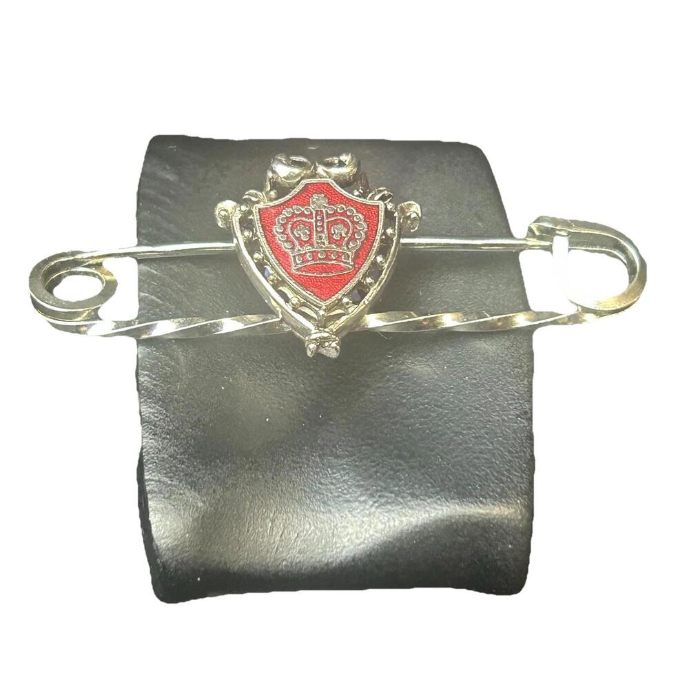 VTG Style Large Safety Pin Brooch Red Enamel Shield & Crown Pin Fashion Jewelry"